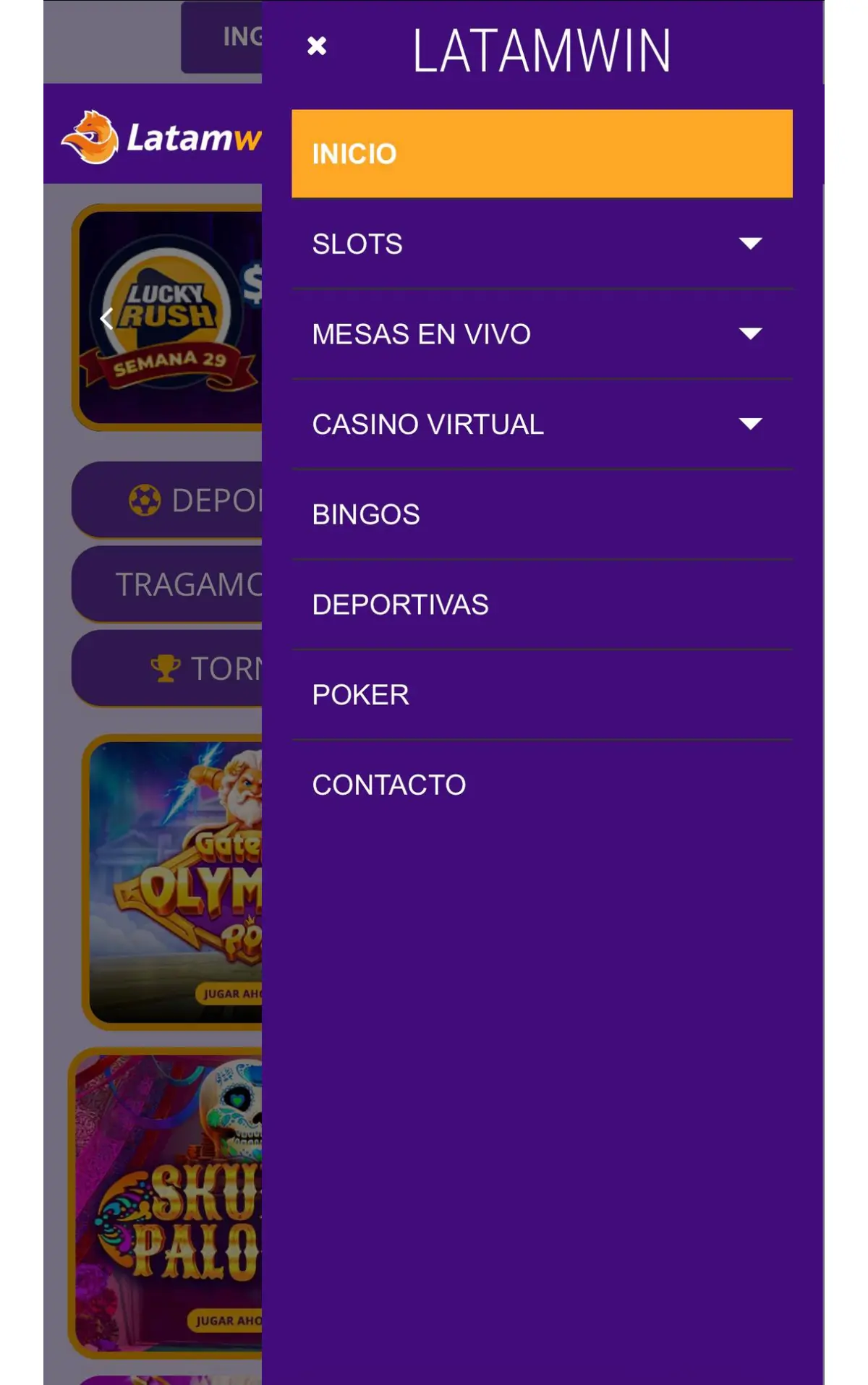 Menú móvil de la plataforma Latamwin casino en Chile Menú móvil de la plataforma Latamwin casino en Chile