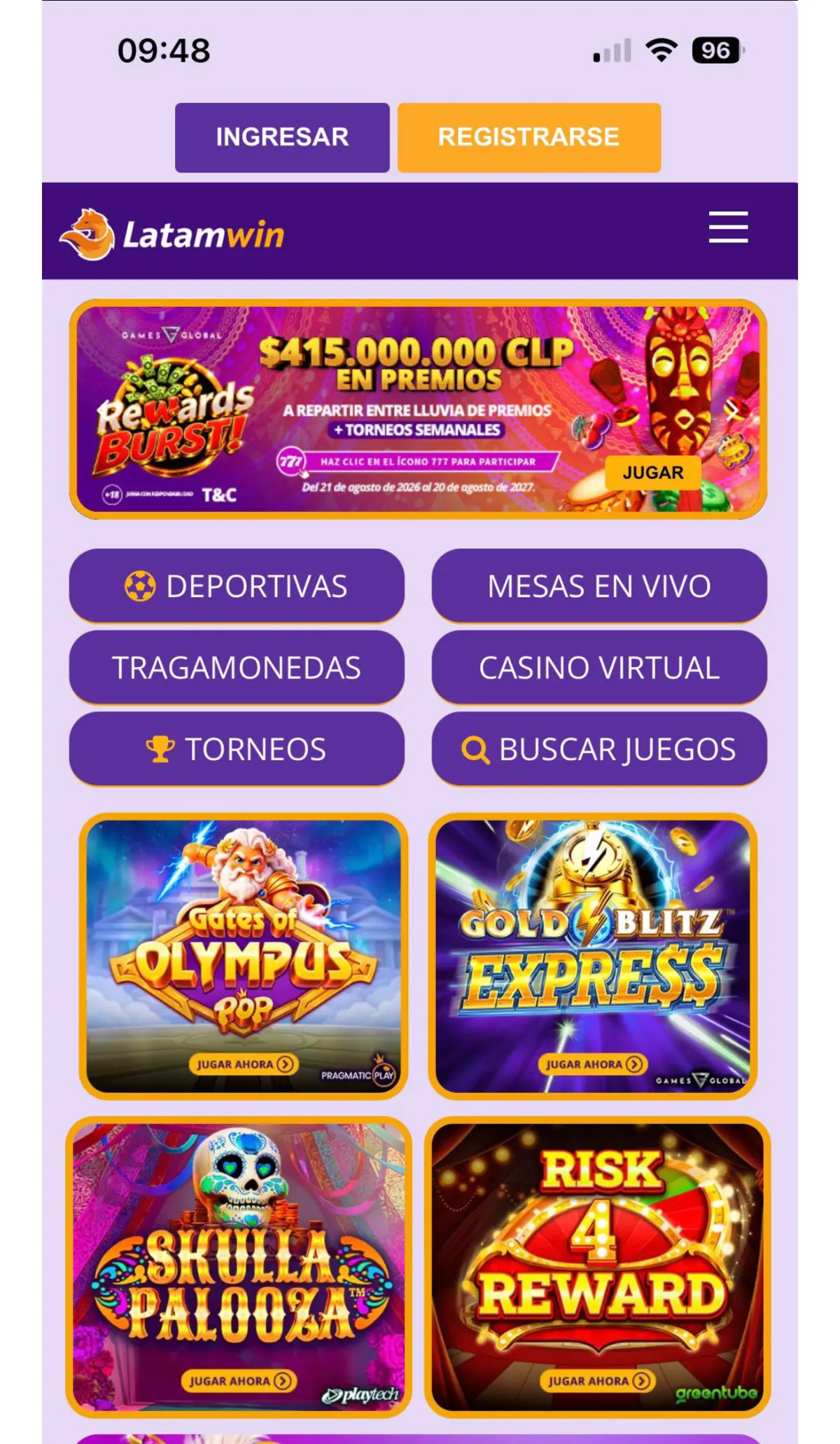 Pantalla principal de Latamwin casino en móvil para Chile Pantalla principal de Latamwin casino en móvil para Chile